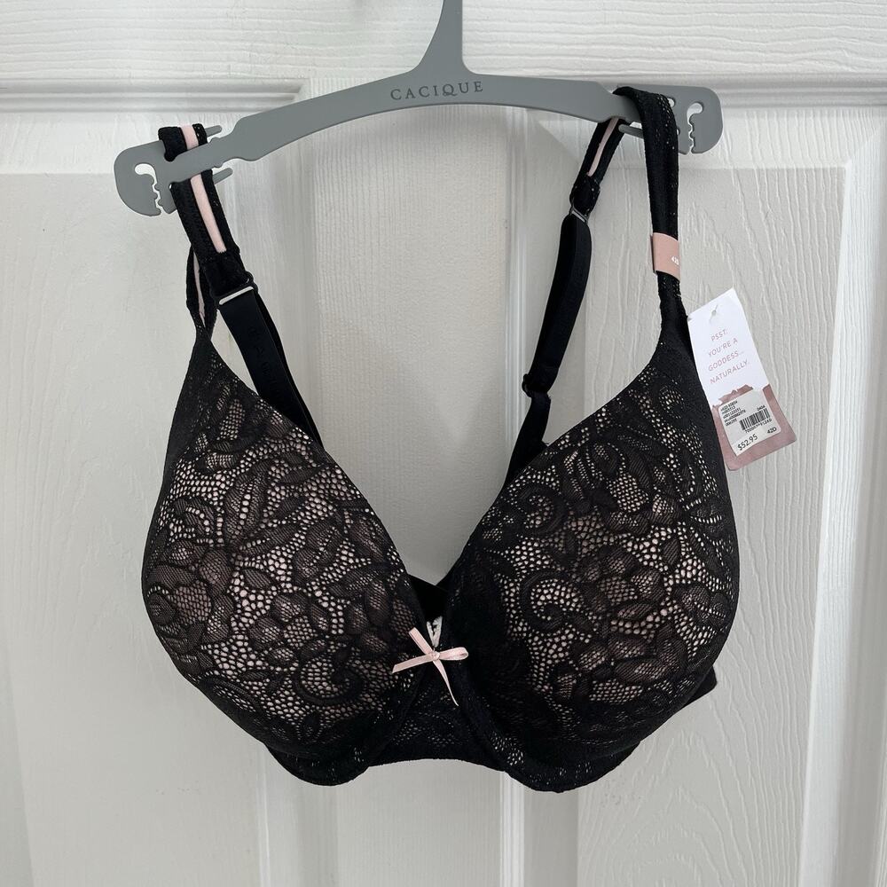 Cacique 42D Bra Lightly Lined Full Coverage Underwire Black Lace Pink Bow NWT